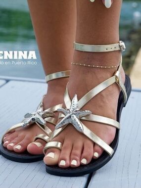 New Gold Starfish Strappy Sandals for Women with Ankle Strap